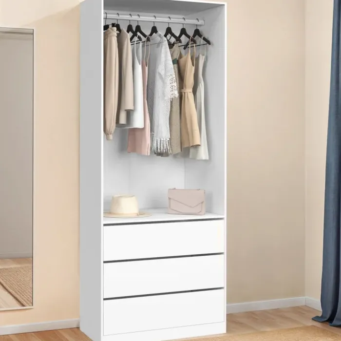 Dressing 80 x 55 x 200 cm 1 module avec penderie + 3 tiroirs blanc