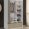 Dressing blanc avec penderie, rideau taupe, 4 étagères et 3 bacs de rangement