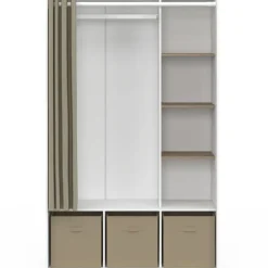 Dressing blanc avec penderie, rideau taupe, 4 étagères et 3 bacs de rangement