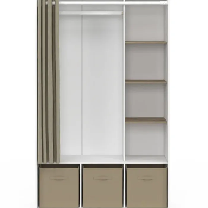 Dressing blanc avec penderie, rideau taupe, 4 étagères et 3 bacs de rangement