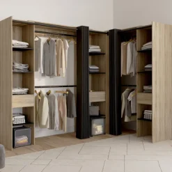 Dressing d'angle extensible bois effet hêtre avec 4 penderies + 12 étagères + 3 tiroirs et rideaux noirs