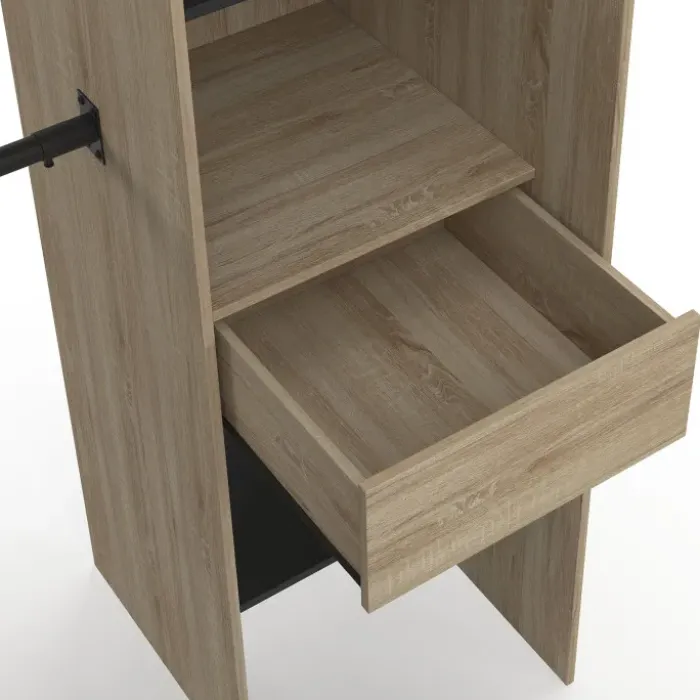 Dressing d'angle extensible bois effet hêtre avec 4 penderies + 12 étagères + 3 tiroirs et rideaux noirs