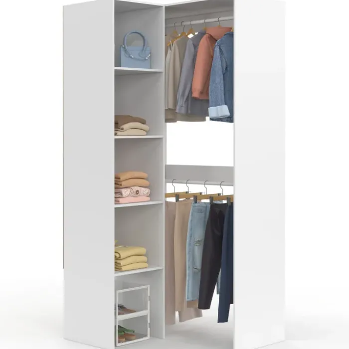 Dressing d'angle modulable L. 90 / 127 cm double penderie + étagères blanc