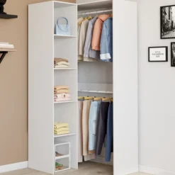 Dressing d'angle modulable L. 90 / 127 cm double penderie + étagères blanc