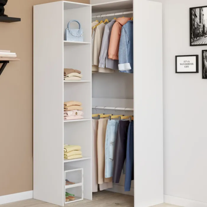 Dressing d'angle modulable L. 90 / 127 cm double penderie + étagères blanc