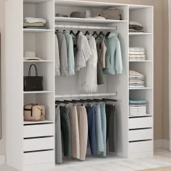 Dressing double 185 x 55 x 200 cm avec étagères + double penderie + 6 tiroirs blanc