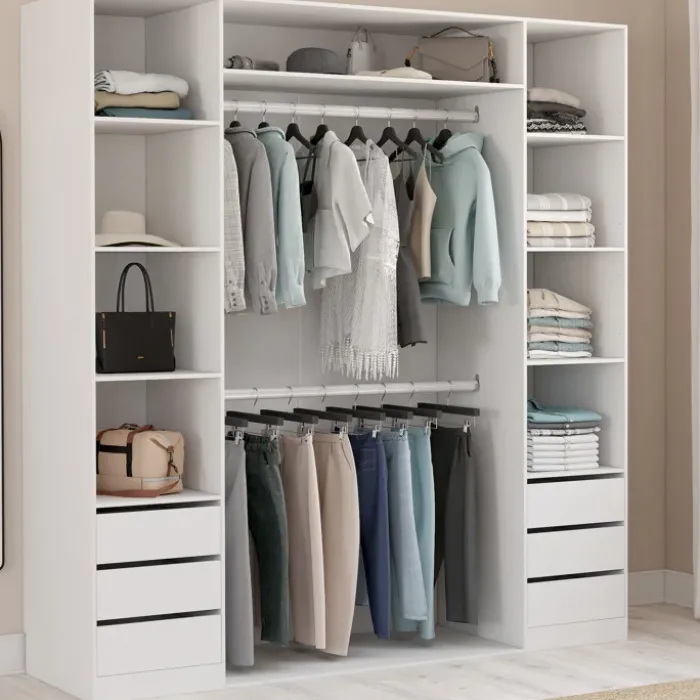 Dressing double 185 x 55 x 200 cm avec étagères + double penderie + 6 tiroirs blanc