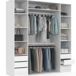 Dressing double 185 x 55 x 200 cm avec étagères + double penderie + 6 tiroirs blanc