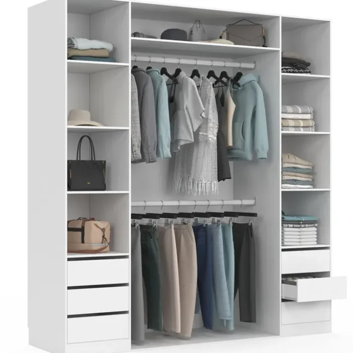 Dressing double 185 x 55 x 200 cm avec étagères + double penderie + 6 tiroirs blanc