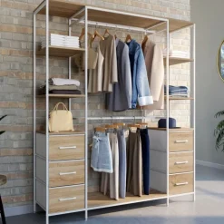 Dressing double penderie ouvert 140 cm 6 étagères et 6 bacs en tissu bois et blanc