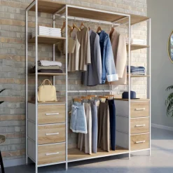 Dressing double penderie ouvert 140 cm 6 étagères et 6 bacs en tissu bois et blanc
