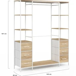 Dressing double penderie ouvert 140 cm 6 étagères et 6 bacs en tissu bois et blanc