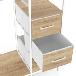 Dressing double penderie ouvert 140 cm 6 étagères et 6 bacs en tissu bois et blanc