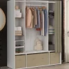 Dressing double penderie 140 x 45 x 167 cm blanc avec étagères + boites de rangement + rideau taupe