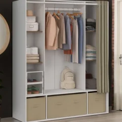 Dressing double penderie 140 x 45 x 167 cm blanc avec étagères + boites de rangement + rideau taupe