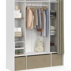 Dressing double penderie 140 x 45 x 167 cm blanc avec étagères + boites de rangement + rideau taupe
