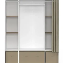 Dressing double penderie 140 x 45 x 167 cm blanc avec étagères + boites de rangement + rideau taupe