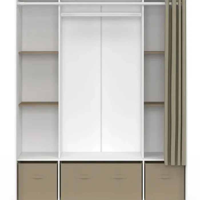 Dressing double penderie 140 x 45 x 167 cm blanc avec étagères + boites de rangement + rideau taupe