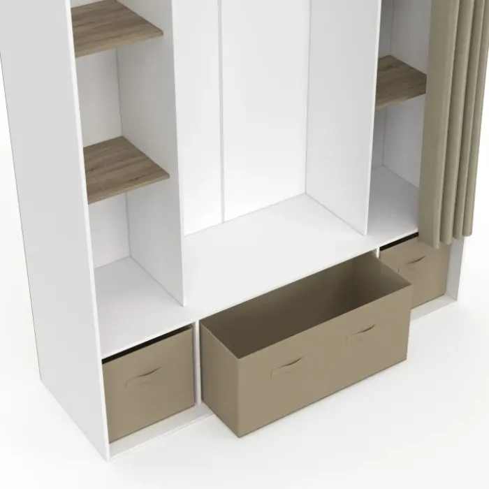 Dressing double penderie 140 x 45 x 167 cm blanc avec étagères + boites de rangement + rideau taupe