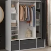 Dressing double penderie 140 x 45 x 167 cm blanc avec étagères + boites de rangement + rideau gris
