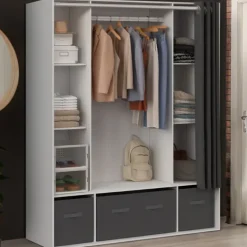 Dressing double penderie 140 x 45 x 167 cm blanc avec étagères + boites de rangement + rideau gris