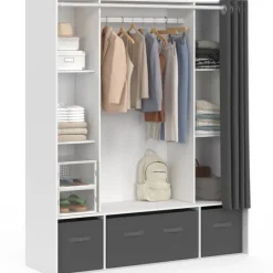Dressing double penderie 140 x 45 x 167 cm blanc avec étagères + boites de rangement + rideau gris