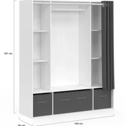 Dressing double penderie 140 x 45 x 167 cm blanc avec étagères + boites de rangement + rideau gris