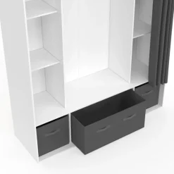 Dressing double penderie 140 x 45 x 167 cm blanc avec étagères + boites de rangement + rideau gris