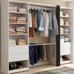 Dressing double XXL 220 cm avec porte pantalons + étagères + tiroirs + rangements à chaussures blanc et gris