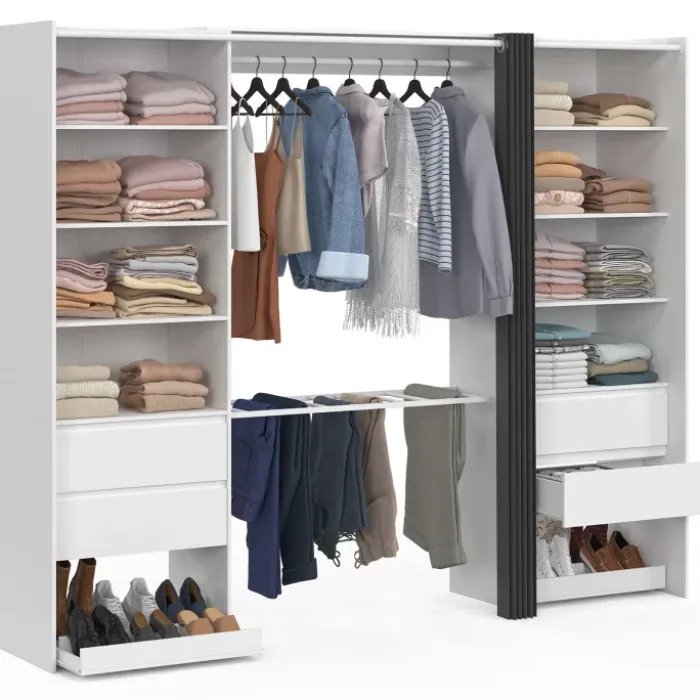 Dressing double XXL 220 cm avec porte pantalons + étagères + tiroirs + rangements à chaussures blanc et gris