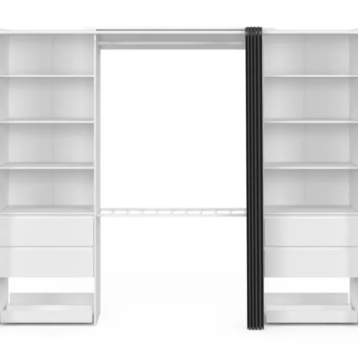 Dressing double XXL 220 cm avec porte pantalons + étagères + tiroirs + rangements à chaussures blanc et gris