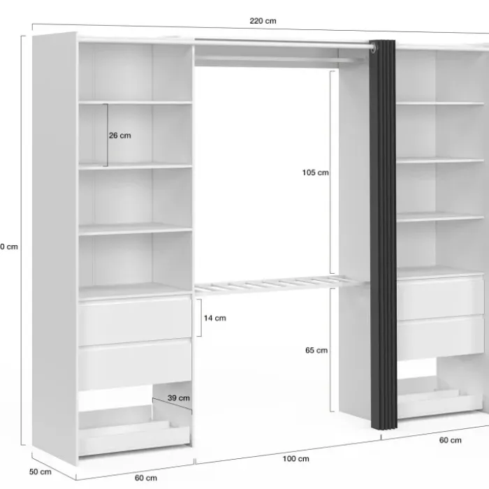 Dressing double XXL 220 cm avec porte pantalons + étagères + tiroirs + rangements à chaussures blanc et gris
