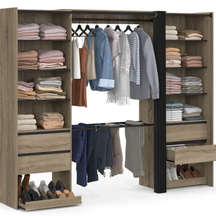 Dressing double XXL 220 cm hêtre avec 1 penderie, 1 porte-pantalon, 8 étagères, 6 tiroirs et rangements à chaussures