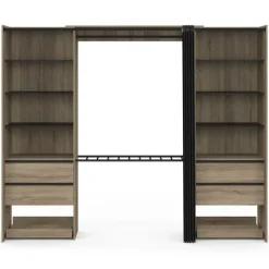 Dressing double XXL 220 cm hêtre avec 1 penderie, 1 porte-pantalon, 8 étagères, 6 tiroirs et rangements à chaussures