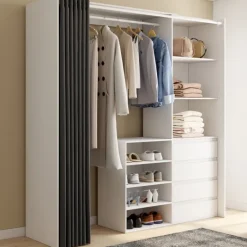 Dressing extensible 120/170 x 50 x 180 cm blanc avec 4 tiroirs + étagères + penderie + rideau gris