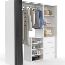 Dressing extensible 120/170 x 50 x 180 cm blanc avec 4 tiroirs + étagères + penderie + rideau gris