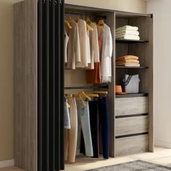 Dressing extensible 120/170 x 50 x 180 cm hêtre avec 3 tiroirs + étagères + double penderie + rideau noir