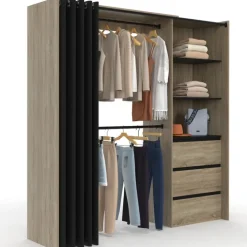 Dressing extensible 120/170 x 50 x 180 cm hêtre avec 3 tiroirs + étagères + double penderie + rideau noir