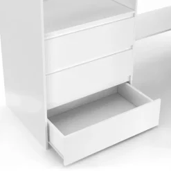 Dressing extensible d'angle 200 x 150 x 180 cm blanc avec penderies, tiroirs, étagères et rideaux gris