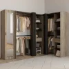 Dressing extensible d'angle 230 x 140 x 180 cm cm hêtre avec penderies + étagères + miroir + rideaux noirs