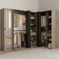 Dressing extensible d'angle 230 x 140 x 180 cm cm hêtre avec penderies + étagères + miroir + rideaux noirs