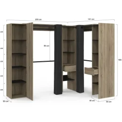 Dressing extensible d'angle 230 x 140 x 180 cm cm hêtre avec penderies + étagères + miroir + rideaux noirs