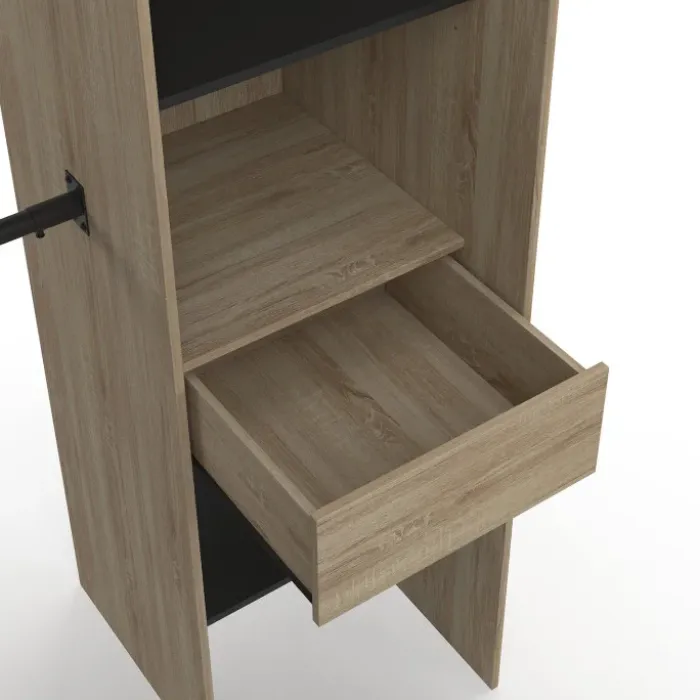 Dressing extensible d'angle 230 x 140 x 180 cm cm hêtre avec penderies + étagères + miroir + rideaux noirs