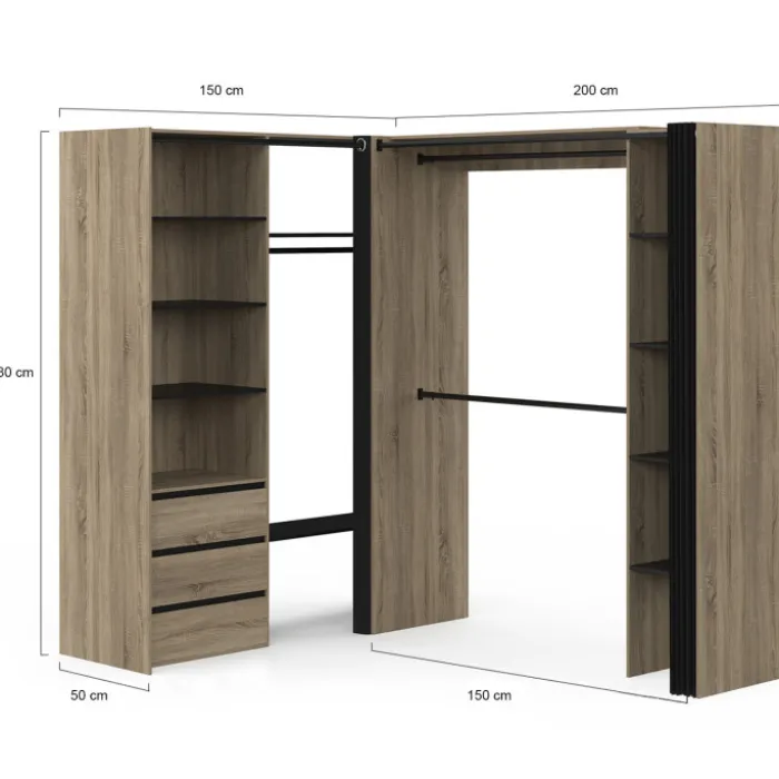 Dressing extensible d'angle 200 x 150 x 180 cm hêtre avec penderies + tiroirs + étagères + rideaux noirs
