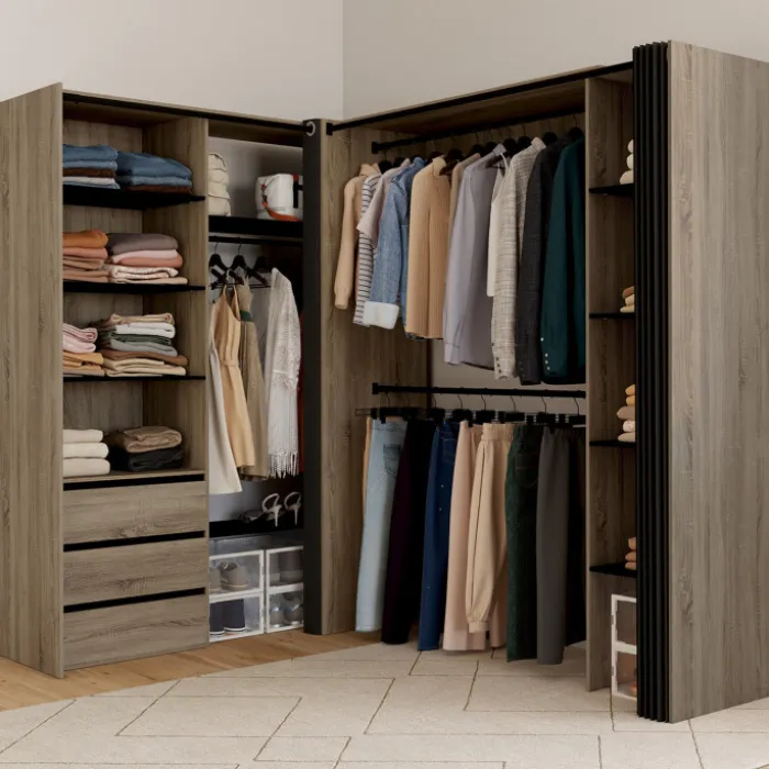 Dressing extensible d'angle 200 x 150 x 180 cm hêtre avec penderies + tiroirs + étagères + rideaux noirs