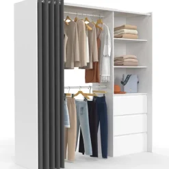 Dressing extensible de 120/170 x 50 x 180 cm blanc avec 3 tiroirs, des étagères et 2 penderies