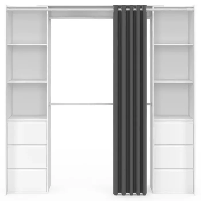 Dressing extensible double blanc 120/180 cm 6 tiroirs + étagères + double penderie + rideau gris