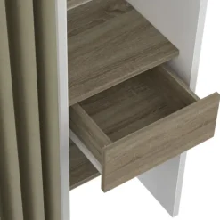 Dressing extensible double blanc et bois avec rideau taupe