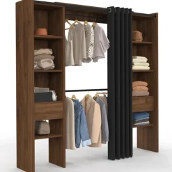 Dressing extensible double 120/180 x 50 x 180 cm noyer avec étagères + double penderie + rideau noir