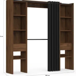 Dressing extensible double 120/180 x 50 x 180 cm noyer avec étagères + double penderie + rideau noir
